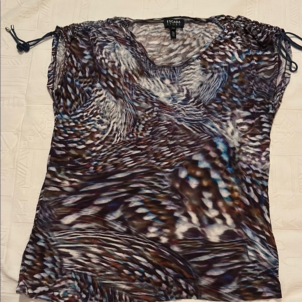 Escada Brown and Black Ruched Cap Sleeve Blouse